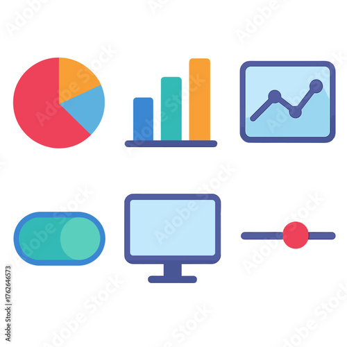 Data Widgets flat icons: pie chart, bar graph, line chart, toggle switch, screen, slider.