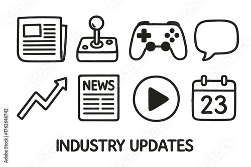 Industry Updates set of icons in doodle hand-drawn vector style: newspaper icon, joystick, game controller, speech bubble, trending arrow, news headline, play button, calendar date