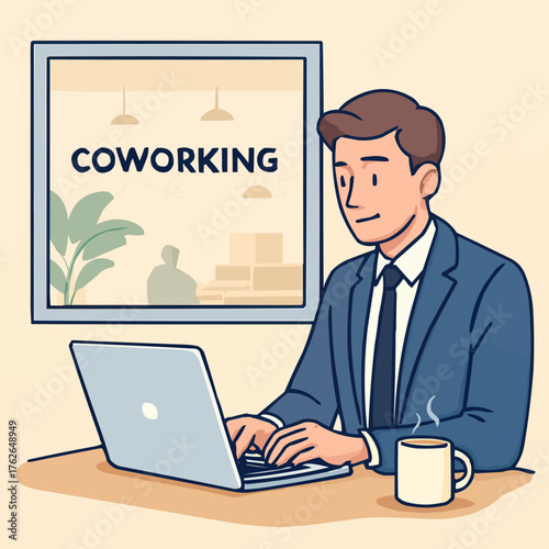 Vector illustration of a businessman working on a laptop with coffee in a coworking space