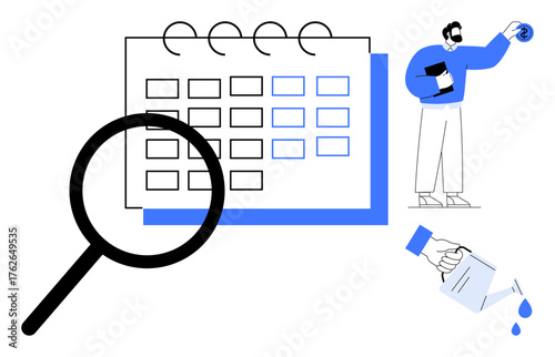 Calendar under magnifying glass highlights planning, male figure with documents, pouring of water signifies productivity flow. Ideal for time management, organization, productivity, scheduling