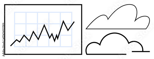 Line graph with upward trend beside minimal clouds. Ideal for business, analytics, success, growth, cloud computing, data insights, innovation. Clean and simple flat metaphor