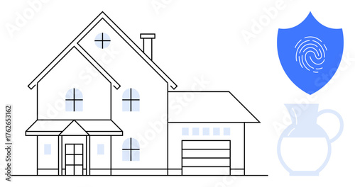 Two-story home with chimney, garage, and windows beside a blue shield with fingerprint and minimalist glass pitcher. Ideal for home security, technology, identity, protection, privacy, lifestyle