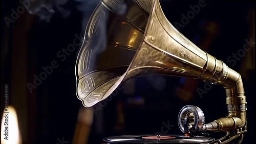 Hyper-realistic footage of an antique gramophone playing a vinyl record in a dark cozy room lit only by candlelight