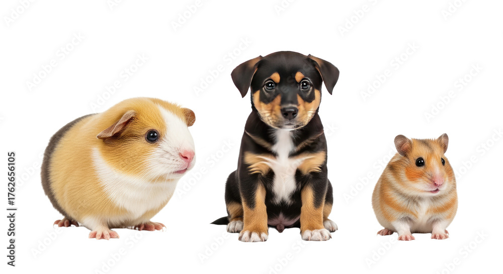 Obraz premium Guinea pig, small puppy, and hamster isolated on white background, cute pets together, perfect for pet care and animal-related content