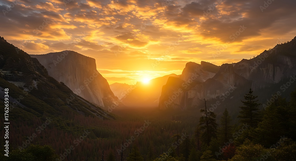 Obraz premium Golden Sunset Over Yosemite Valley with El Capitan and Half Dome Silhouetted.