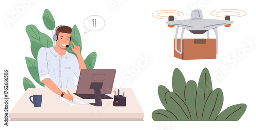 Office worker handling delivery query, quadcopter carrying parcel nearby. Ideal for logistics, technology, innovation, efficiency, customer service, remote support delivery systems. A simple flat