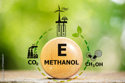 E- Methanol text on woods and icons about production process on natural background.