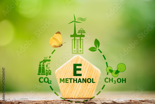 E- Methanol text on woods and icons about production process on natural background.