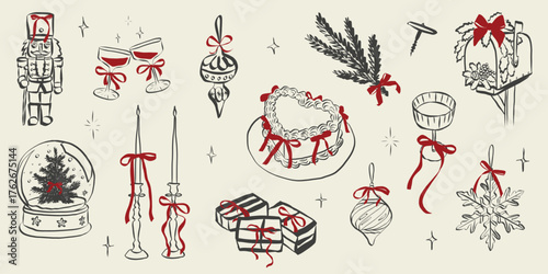 Retro doodles of Christmas party. Vintage new year icons dinner meals in chalk and crayon drawing. Xmas party elements for poster and greeting cards. Hand drawn holiday vector illustration