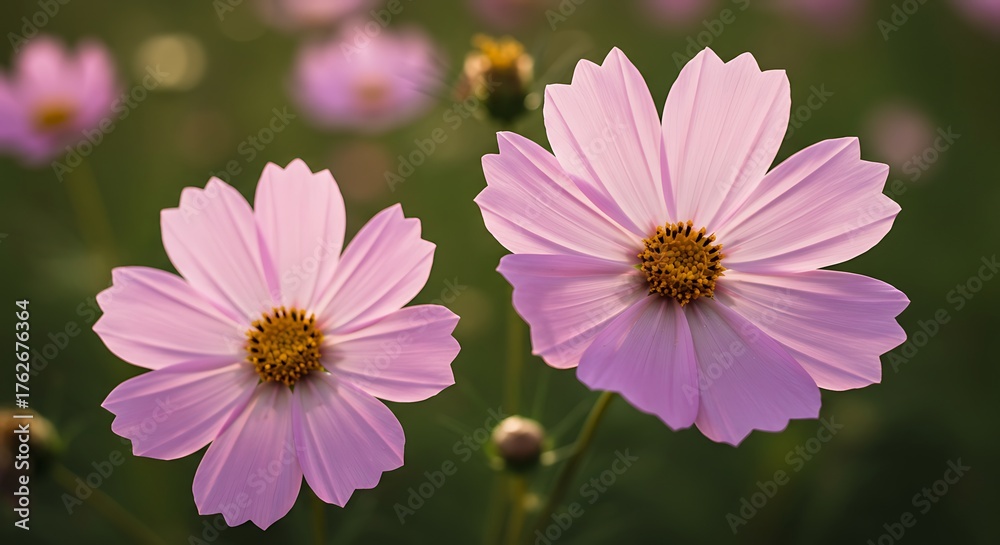 Obraz premium Two beautiful pink cosmos flowers in full bloom, natures delicate beauty.