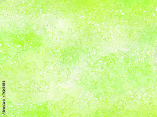 新緑のモミジの葉イメージの背景素材。水彩風テクスチャー。下向きの葉っぱのアウトラインのランダムなパターン。黄緑色系。光の粒子や水滴の輝き。