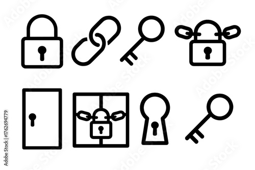 Basic Chain Lock outline icon set: padlock, metal chain, key, closed shackle, lock with chain, locker, gate, keyhole.