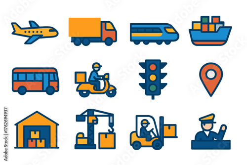 Transportation Roles flat icons: airplane, truck, train, ship, bus, delivery scooter, traffic light, map pin, warehouse, crane operator, forklift driver, customs officer.