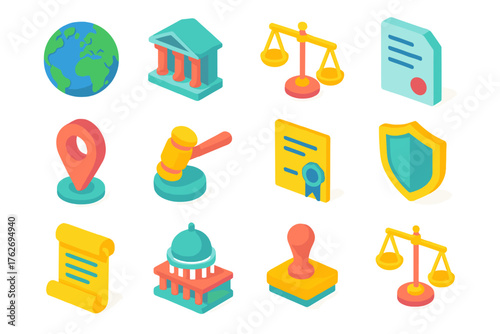 Jurisdiction flat isometric set: globe icon, courthouse, scales of justice, legal paper, map pin, gavel, certificate, shield, document scroll, government dome, approval stamp,