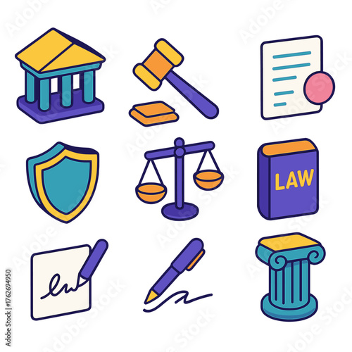 Legal Liability flat isometric set: courthouse, gavel, scales, document, shield, signature, law book, column.