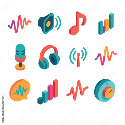 Sound Wave Collection flat isometric set: waveform, speaker, music note, frequency bars, mic, headphones, radio signal, amplitude icon, sound bubble, equalizer, pulse line, volume
