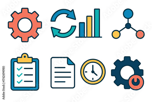 Operational Coordination flat icons: gear, arrows loop, chart, network, clipboard, document, clock, settings.