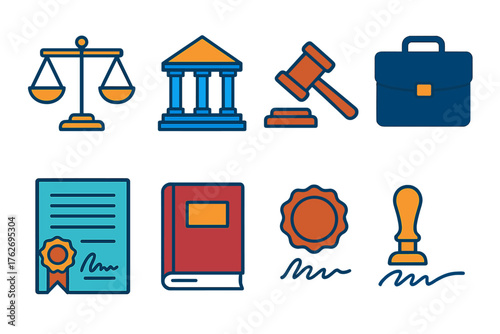 Litigation flat icons: balance, courthouse, gavel, briefcase, contract, law book, seal, signature.
