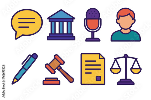 Testimony flat icons: speech bubble, courthouse, microphone, witness, pen, gavel, document, scale.