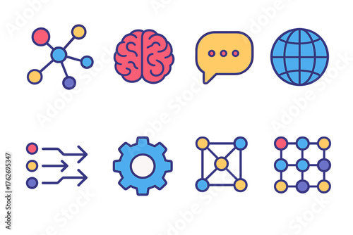 Semantic Networks flat isometric set: nodes, connecting lines, brain, chat bubble, globe, data flow, gear, pattern.
