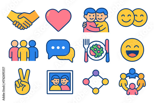 Friendship & Bond Set flat isometric set: handshake, heart, hug icon, smiling faces, group of people, chat bubbles, shared meal, laughter emoji, peace sign, photo frame, connection