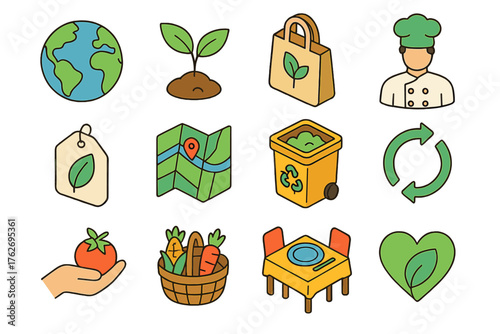 Culinary Sustainability Symbols flat isometric set: earth icon, plant sprout, reusable bag, eco chef, organic tag, local farm map, compost bin, food journey arrow, hand holding