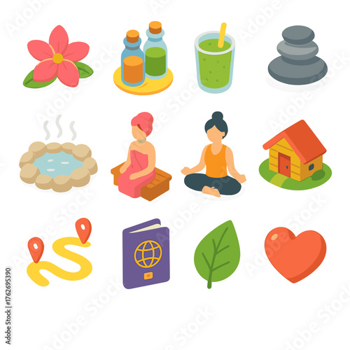 Holistic Travel Collection flat isometric set: spa flower, essential oils, green smoothie, balanced stones, hot springs, sauna, yoga teacher, retreat cabin, hiking trail, travel