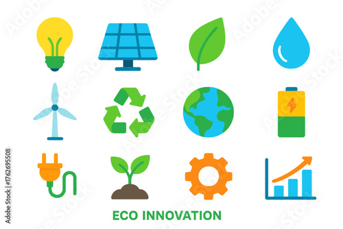 Eco Innovation flat icons: eco bulb, solar cell, leaf, water droplet, wind turbine, recycling arrows, globe, battery, plug, plant sprout, gear, growth chart.