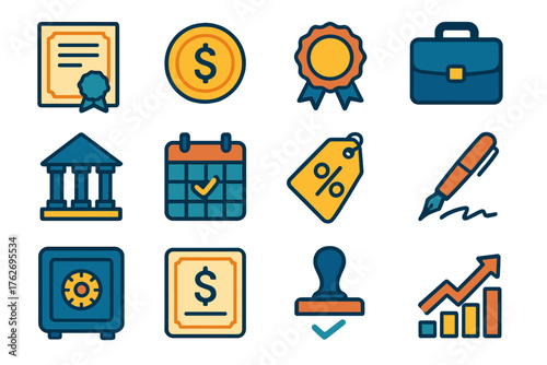 Financial Bonds Set flat icons: certificate document, dollar coin, ribbon seal, briefcase, bank building, calendar maturity date, interest rate tag, signature pen, safe vault,