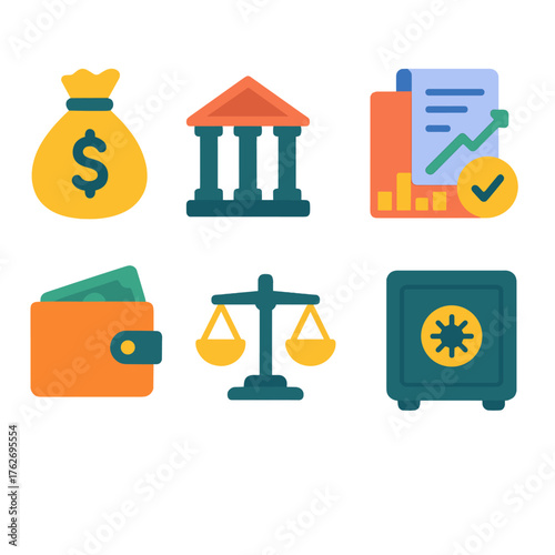 Financial Services flat icons: money bag, bank, ATM, investment chart, contract, wallet, balance scale, safe box.