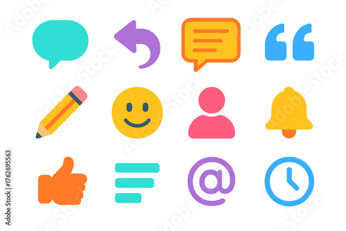 Commenting Tools flat icons: message bubble, reply arrow, comment thread, quote marks, pencil edit, emoji face, user avatar, bell icon, thumbs up, chat lines, @ mention, clock time