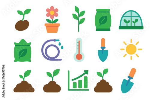 Botanical Growth Icons flat icons: sprouting seed, flower pot, leaf stem, fertilizer bag, irrigation hose, greenhouse dome, watering nozzle, thermometer, sunlight icon, compost