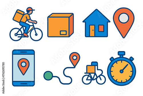 Last-Mile flat icons: courier, package, home, GPS pin, bike, route path, smartphone, stopwatch.