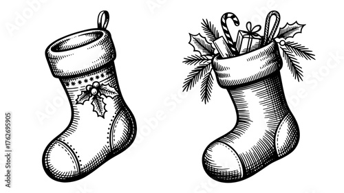 Black and white sketch of two festive Christmas stockings, one decorated with holly and the other filled with gifts and candy canes.