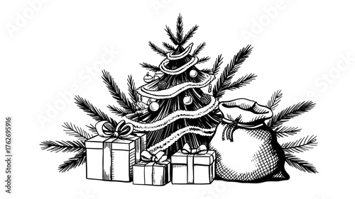 sketch of a decorated Christmas tree with ornaments, ribbon, gift boxes, and a Santa sack filled with presents.