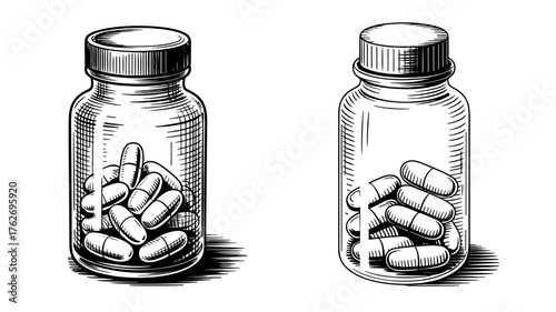 two glass jars filled with capsules or pills, vintage style for medical or pharmacy concept.