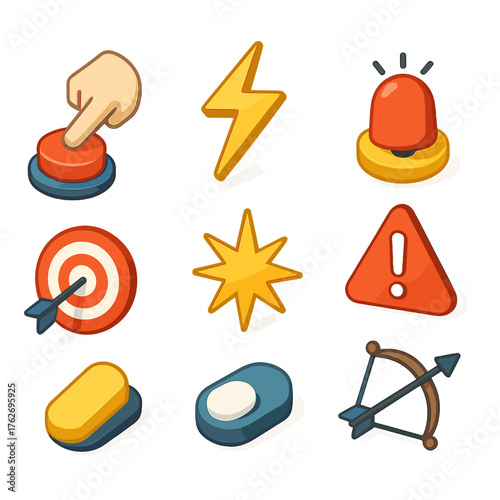 Trigger set icons in modern isometric flat vector style: finger pressing button, lightning bolt, alarm bell, exclamation mark, target, spark, switch, arrow release.