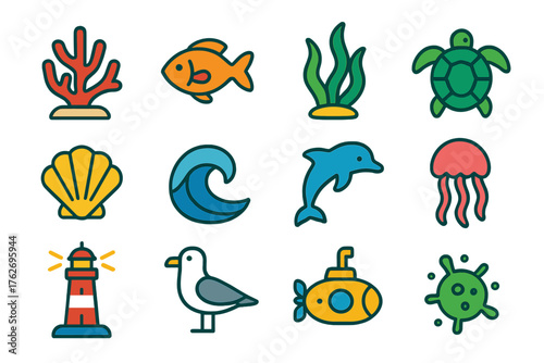 Marine Ecosystem Icons flat icons: coral reef, fish, seaweed, turtle, shell, wave, dolphin, jellyfish, lighthouse, seagull, submarine, plankton.