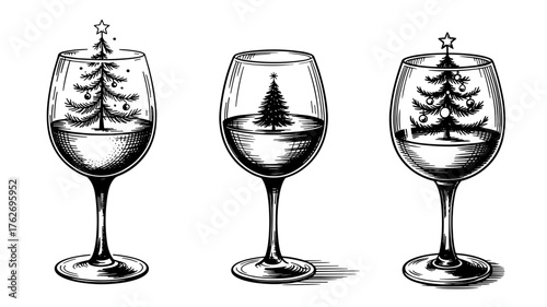 Black and white hand drawn showing three wine glasses with Christmas trees inside, combining festive and elegant holiday themes.