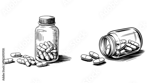 two medicine bottles filled with capsules, one upright and one tipped over, in vintage