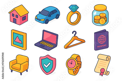Personal Assets Set flat isometric set: house, car, jewelry, savings jar, art frame, laptop, clothing hanger, passport, furniture icon, insurance shield, watch, deed scroll.