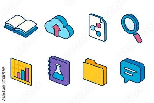Open Research flat isometric set: open book, cloud upload, document sharing, magnifying glass, graph, lab notebook, folder, chat bubble.