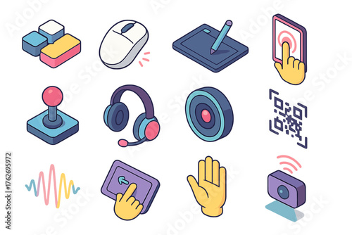 Input Methods flat isometric set: keyboard keys, mouse click, pen tablet, touchscreen tap, joystick, headset mic, camera lens, QR code scanner, voice wave, touchpad swipe, hand