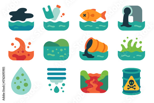 Pollution Water flat icons: oil spill, floating plastic, dead fish in water, sewage pipe, chemical runoff, polluted lake, trash in ocean, broken barrel in river, algae bloom,