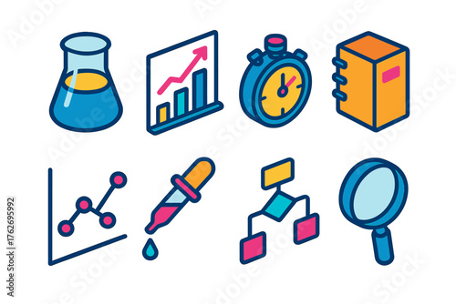 Experimental Design flat isometric set: beaker, hypothesis chart, stopwatch, notebook, data points, pipette, flowchart, magnifying glass.