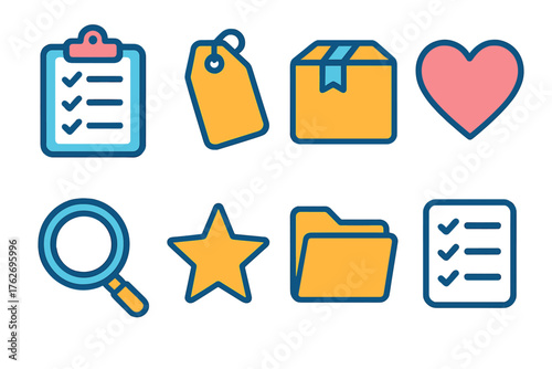 Curation flat icons: clipboard, tag, box, heart, magnifying glass, star, folder, checklist.