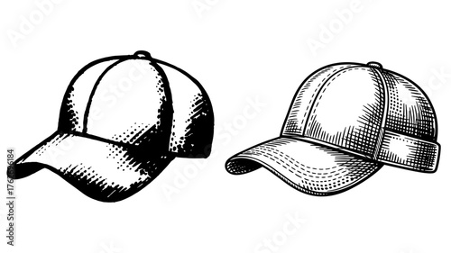 two baseball caps in retro engraving, perfect for apparel, branding, or design projects.