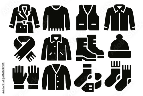 Layered Outfits silhouette set: trench coat, sweater, vest, long-sleeve shirt, scarf, jacket, boots, hat, gloves, cardigan, socks, belt.