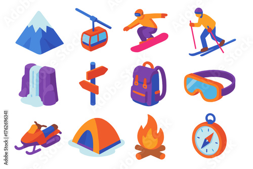 Snowy Activities Adventure — Vibrant Flat Vector flat isometric set: mountain peak, ski lift, snowboarder jump, cross-country ski, frozen waterfall, trail marker, backpack, goggles