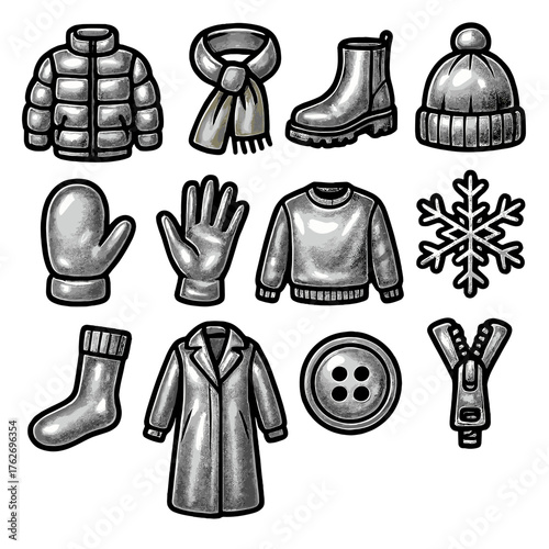 Winter Apparel Modern Metallic outline icon set: silver puffer jacket, gold scarf, chrome boot, pearl hat, metallic mitten, shiny glove, satin sweater, glass snowflake, glowing